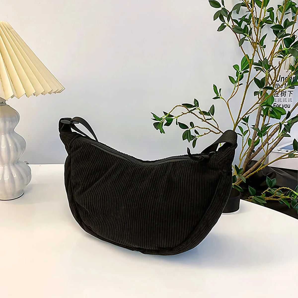 Sac bandoulière femme en velours côtelé, 34 x 17 cm, noir