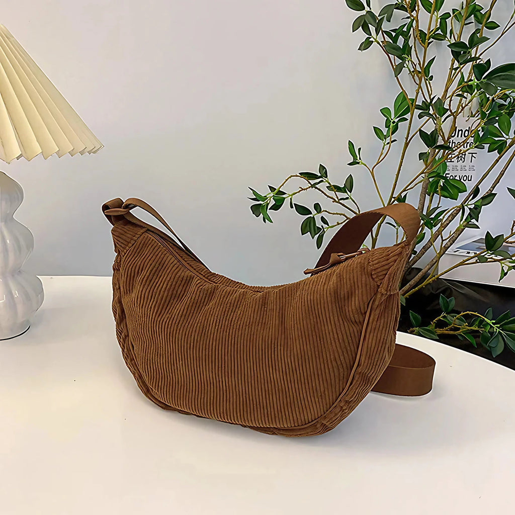Sac bandoulière femme en velours côtelé, 34 x 17 cm, brun