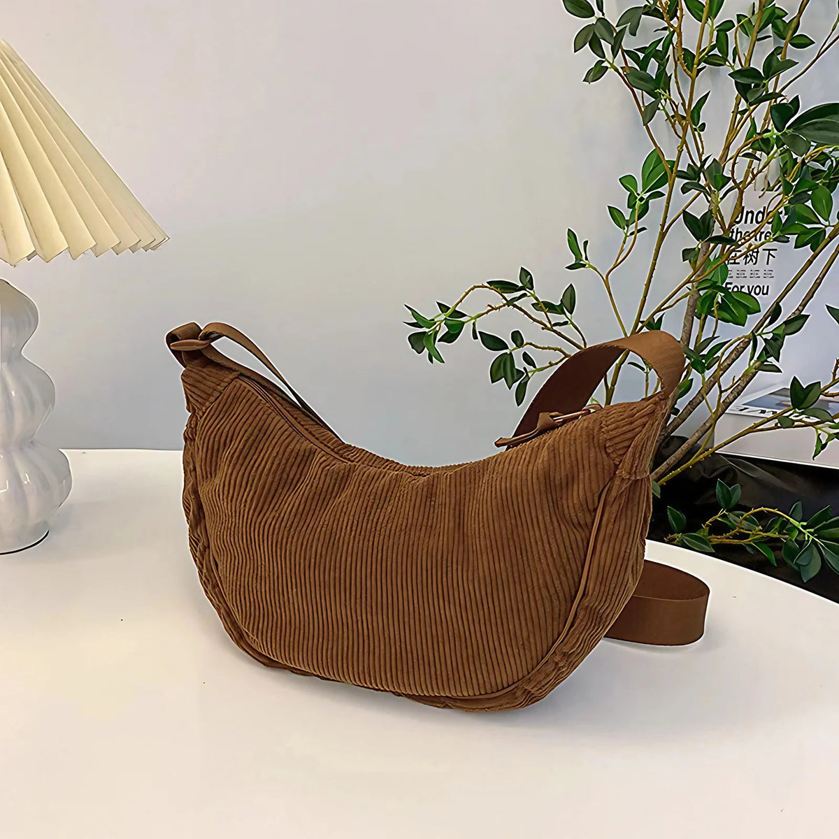 Sac bandoulière femme en velours côtelé, 34 x 17 cm, brun