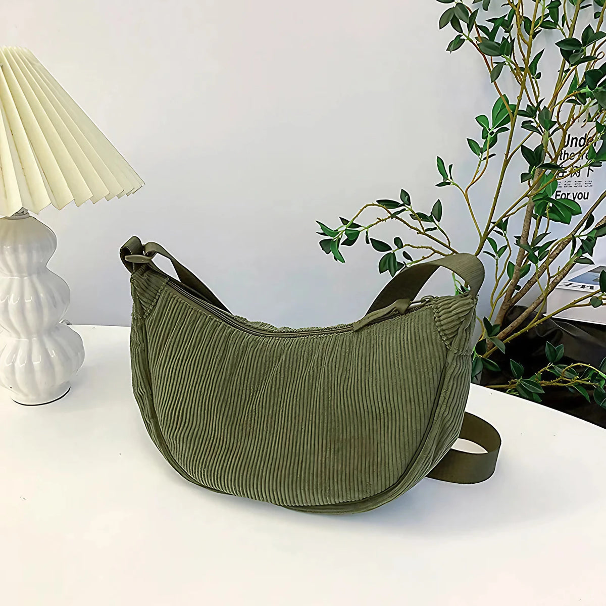 Sac bandoulière femme en velours côtelé, 34 x 17 cm, vert