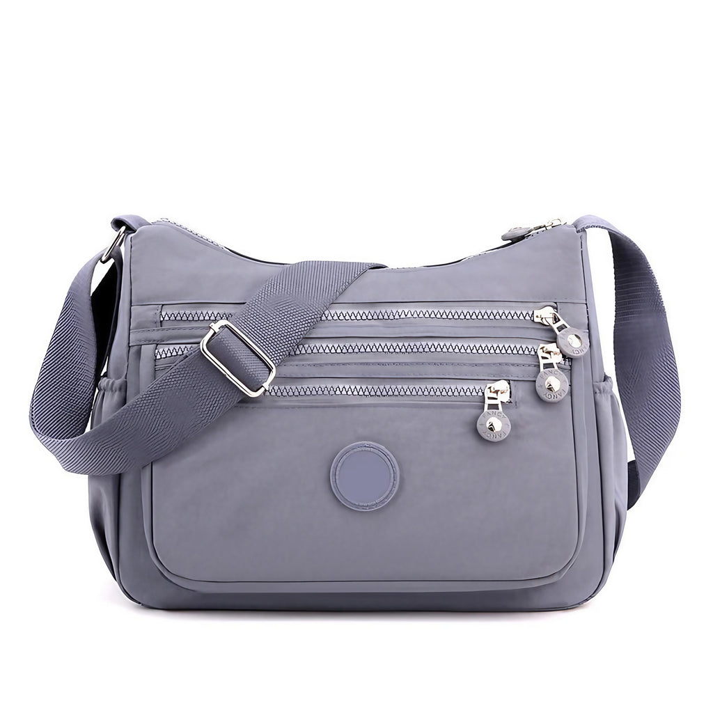 Sac bandoulière femme multipoches en tissu Oxford déperlant, gris et mauve