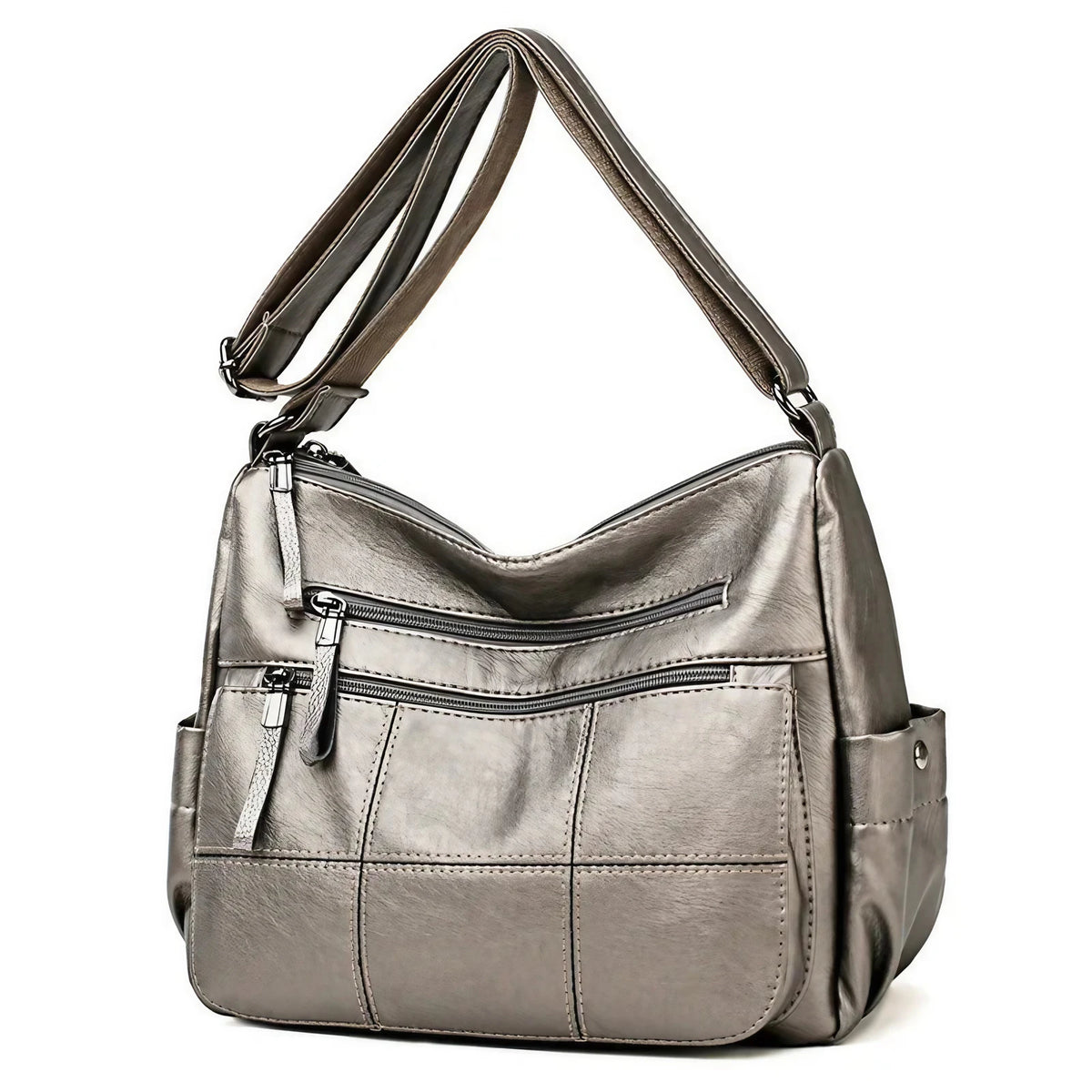 Sac bandoulière femme forme hobo, deux compartiments zippés, bronze
