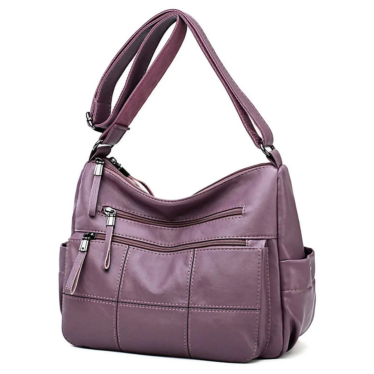 Sac bandoulière femme forme hobo, deux compartiments zippés, violet clair