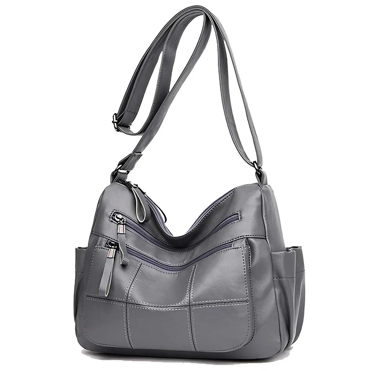 Sac bandoulière femme forme hobo, deux compartiments zippés, gris