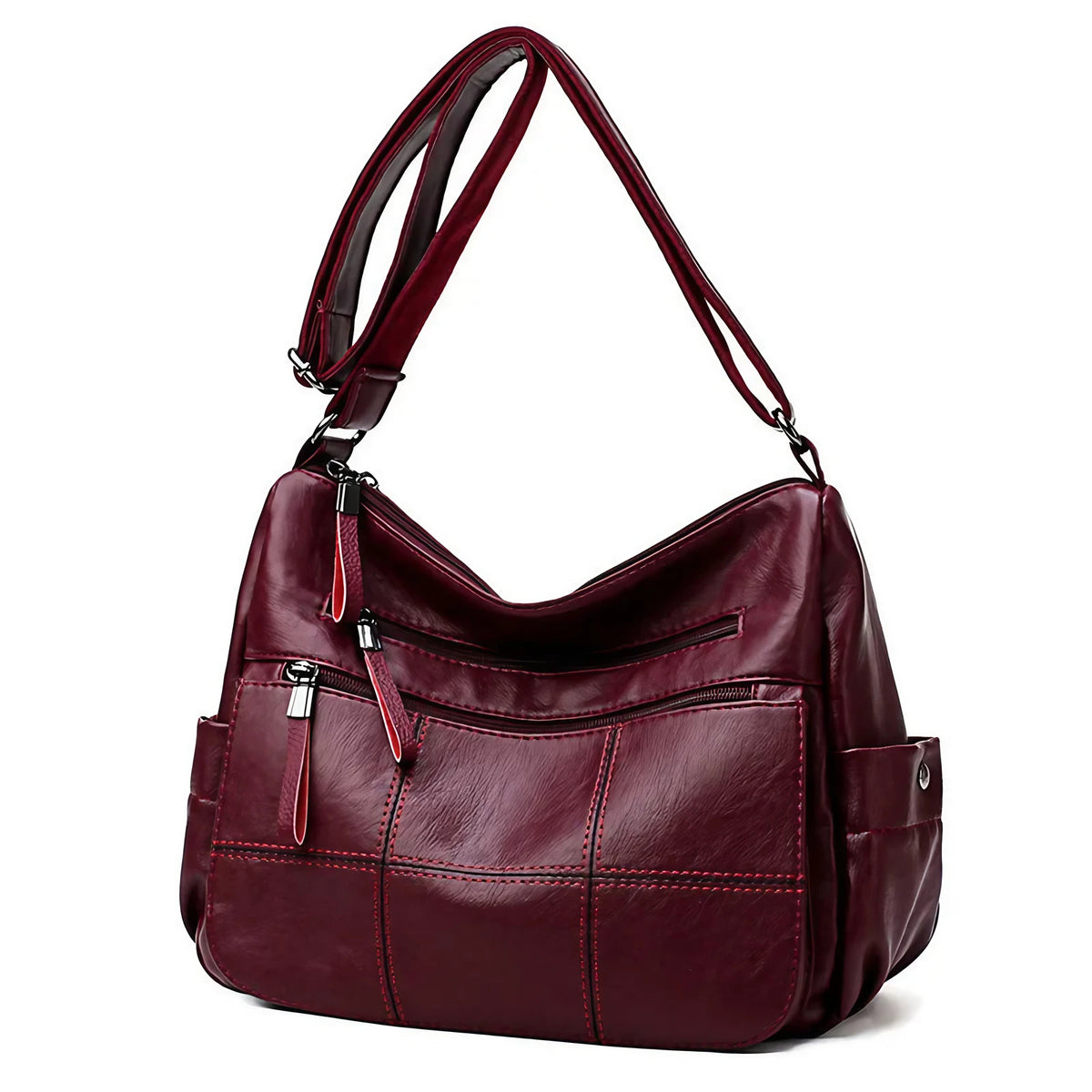 Sac bandoulière femme forme hobo, deux compartiments zippés, bordeaux