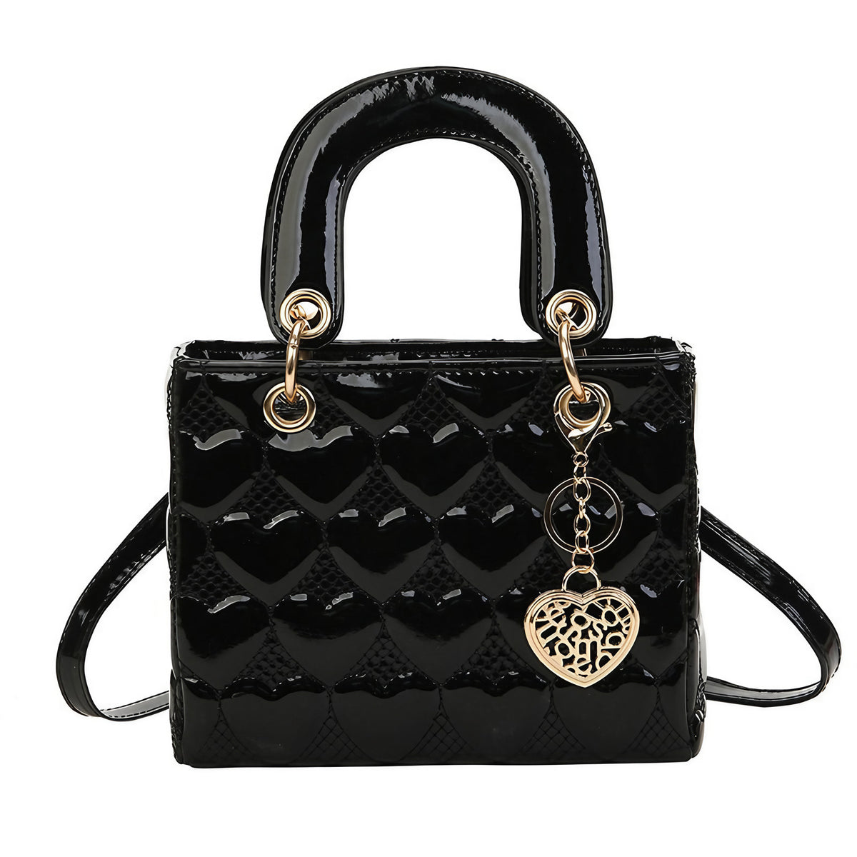 Sac carré noir brillant femme à imprimé cœur, deux tailles, noir