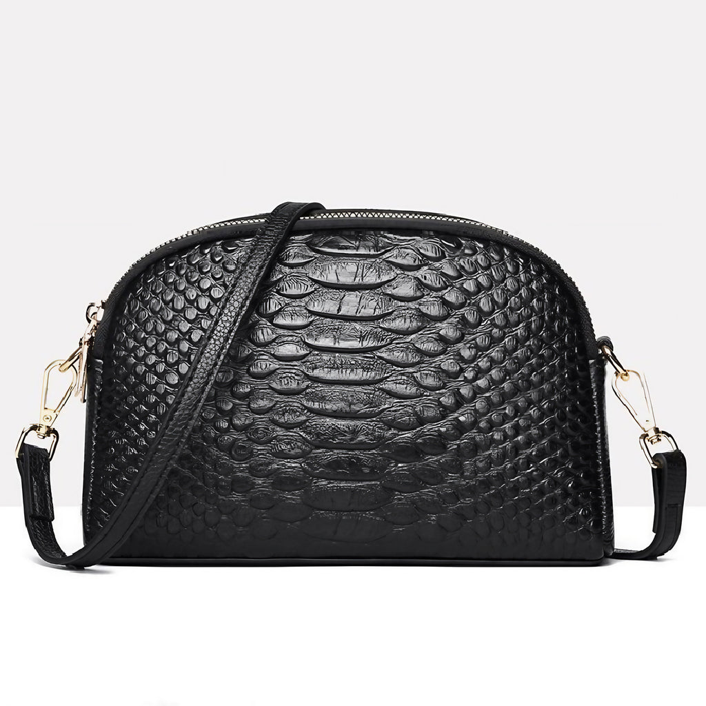 Sac bandoulière noir femme imprimé croco, détails dorés, noir
