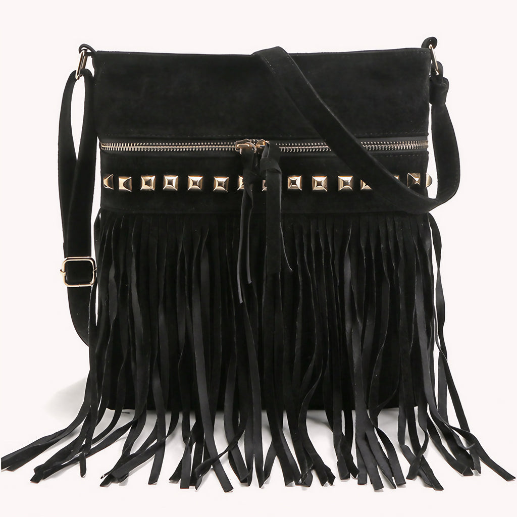 Sac bandoulière à franges noir, esprit bohème années 70