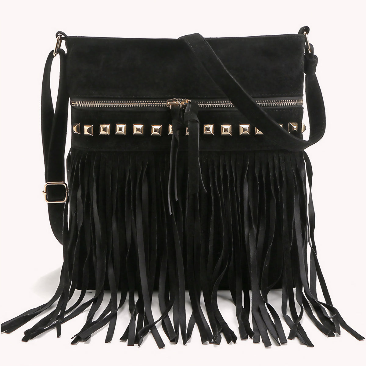 Sac bandoulière à franges noir, esprit bohème années 70