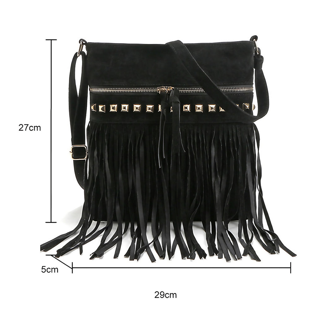 Sac bandoulière à franges noir, esprit bohème années 70, noir