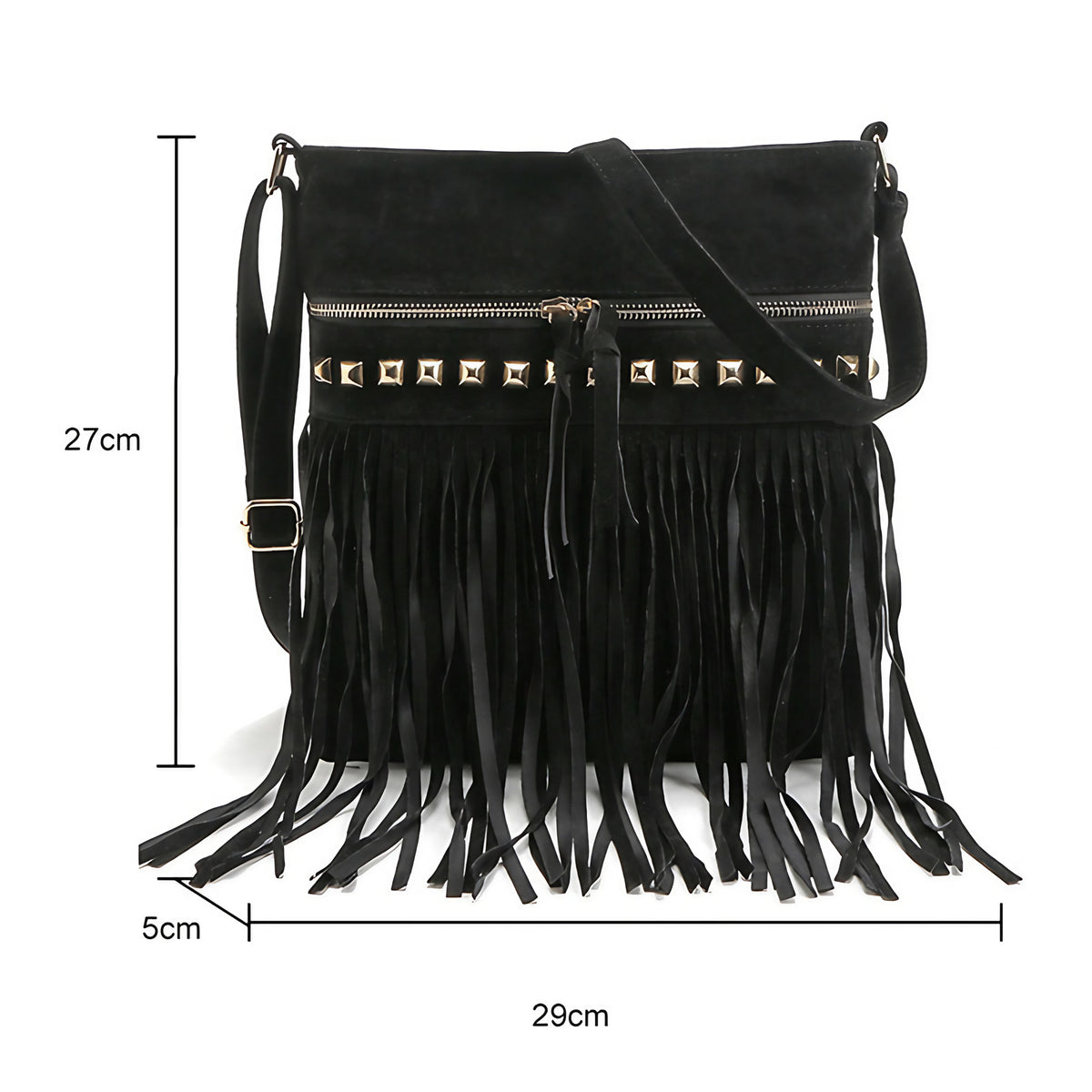 Sac bandoulière à franges noir, esprit bohème années 70, noir