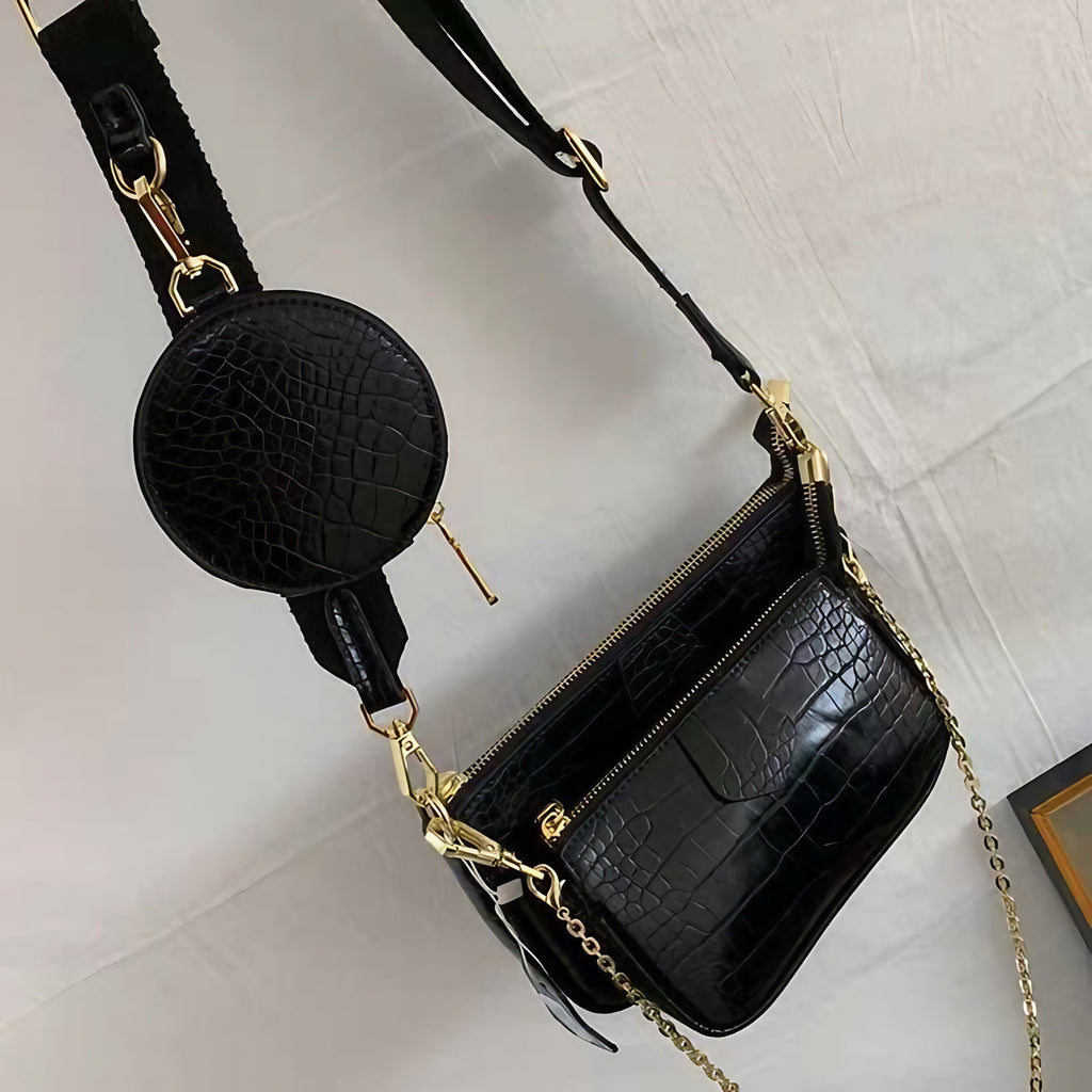 Sac bandoulière femme effet croco noir, pochette détachable, noir