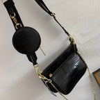 Sac bandoulière femme effet croco noir, pochette détachable, noir