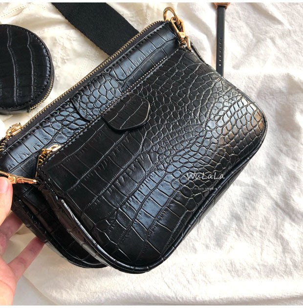 Sac bandoulière femme effet croco noir, pochette détachable