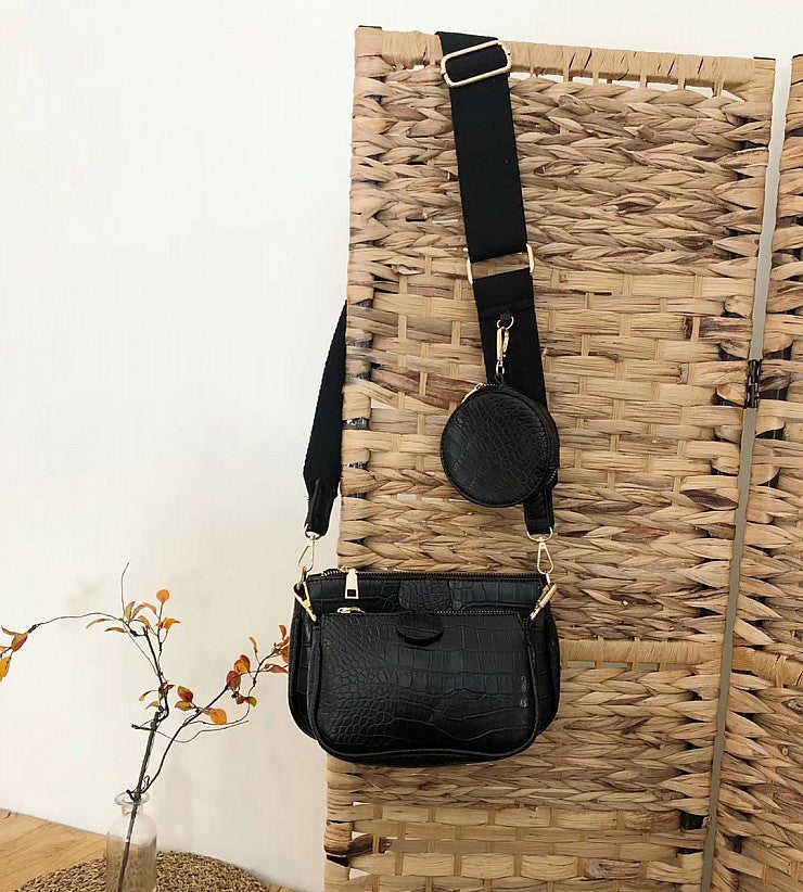 Sac bandoulière femme effet croco noir, pochette détachable