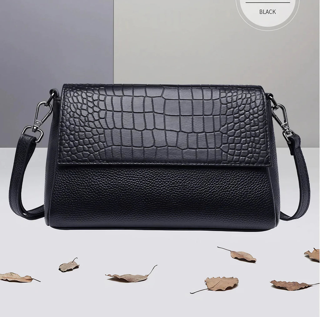 Sac bandoulière femme effet croco, trois compartiments, 23 x 14 cm, noir