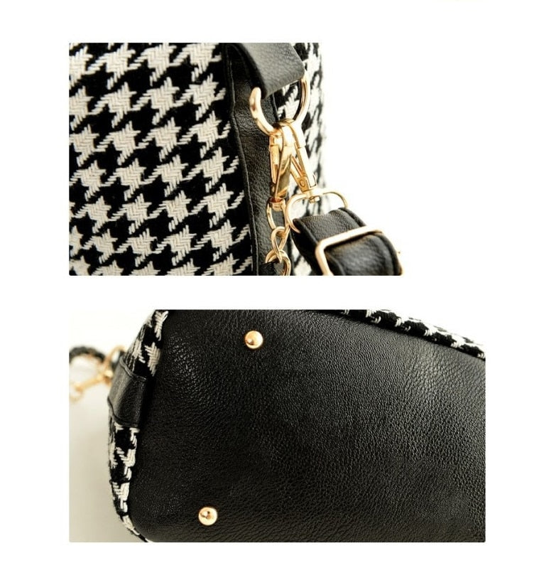 Sac bandoulière femme à motif pied-de-poule, finitions dorées