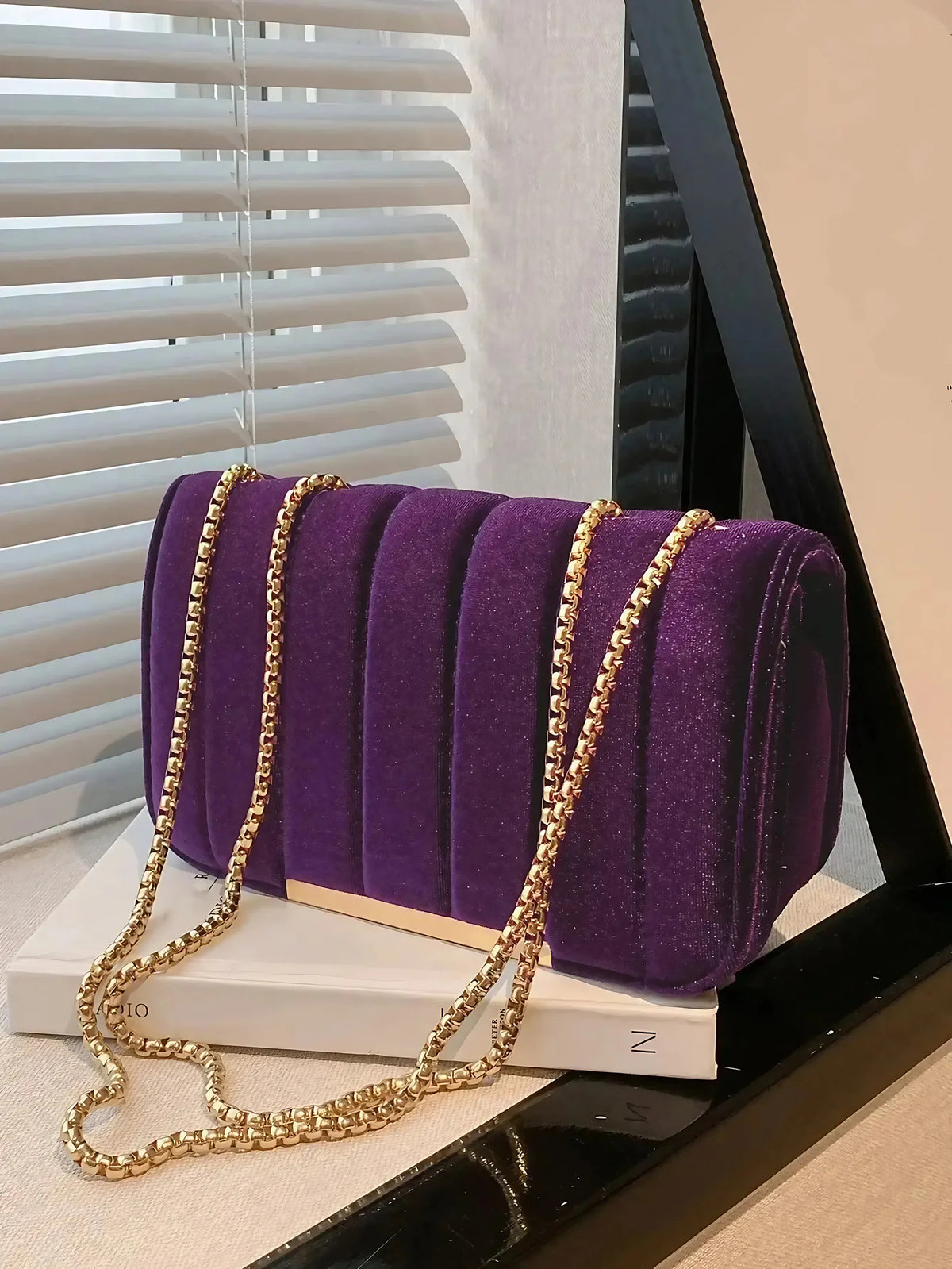 Sac bandoulière femme en velours, chaîne dorée, six coloris, violet