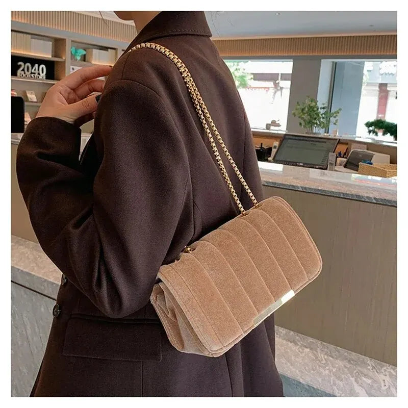 Sac bandoulière femme en velours, chaîne dorée, six coloris