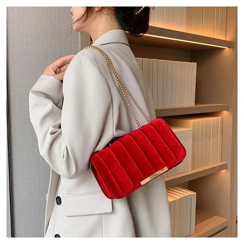 Sac bandoulière femme en velours, chaîne dorée, six coloris