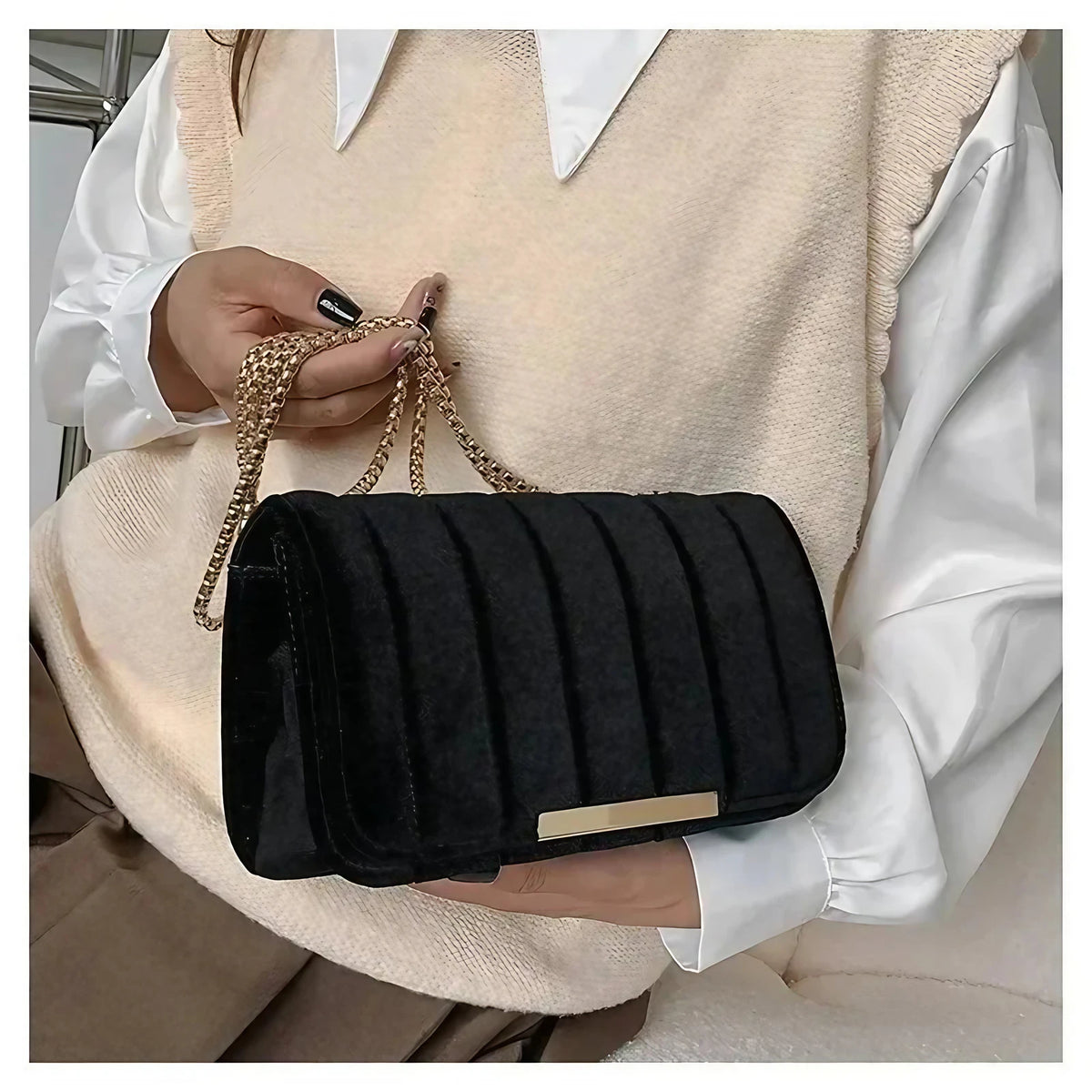 Sac bandoulière femme en velours, chaîne dorée, six coloris, noir