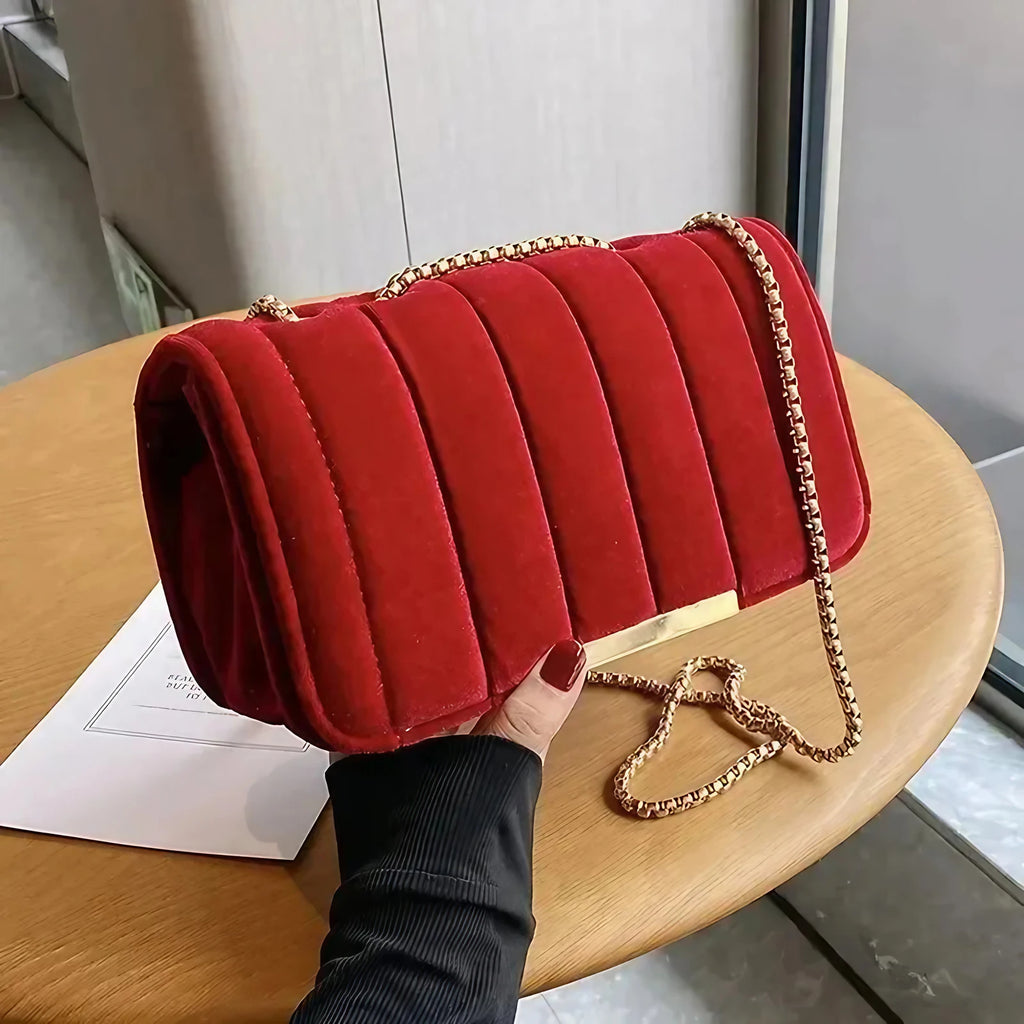 Sac bandoulière femme en velours, chaîne dorée, six coloris, rouge