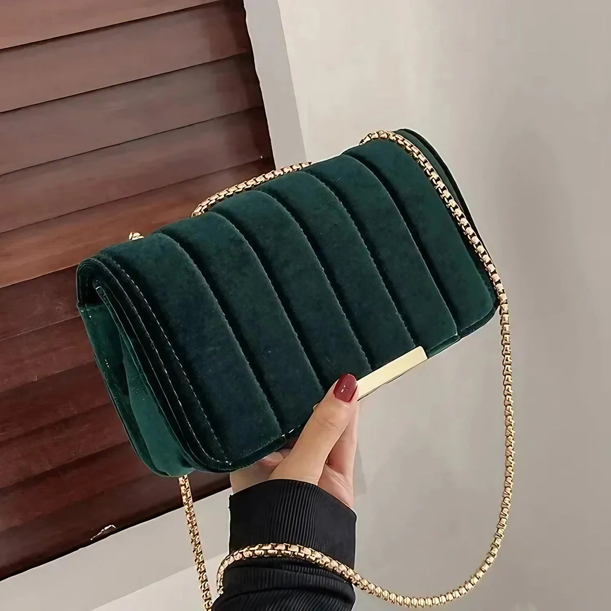 Sac bandoulière femme en velours, chaîne dorée, six coloris, vert