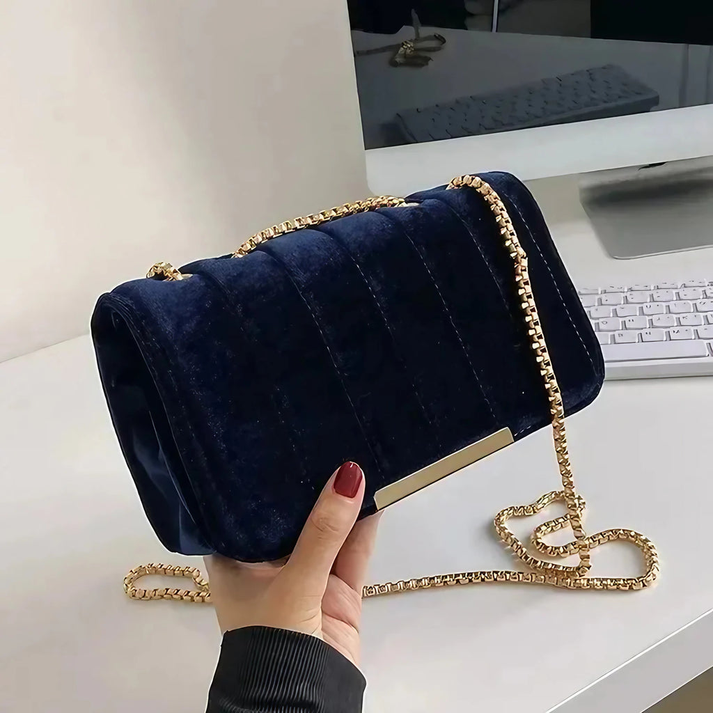Sac bandoulière femme en velours, chaîne dorée, six coloris, bleu