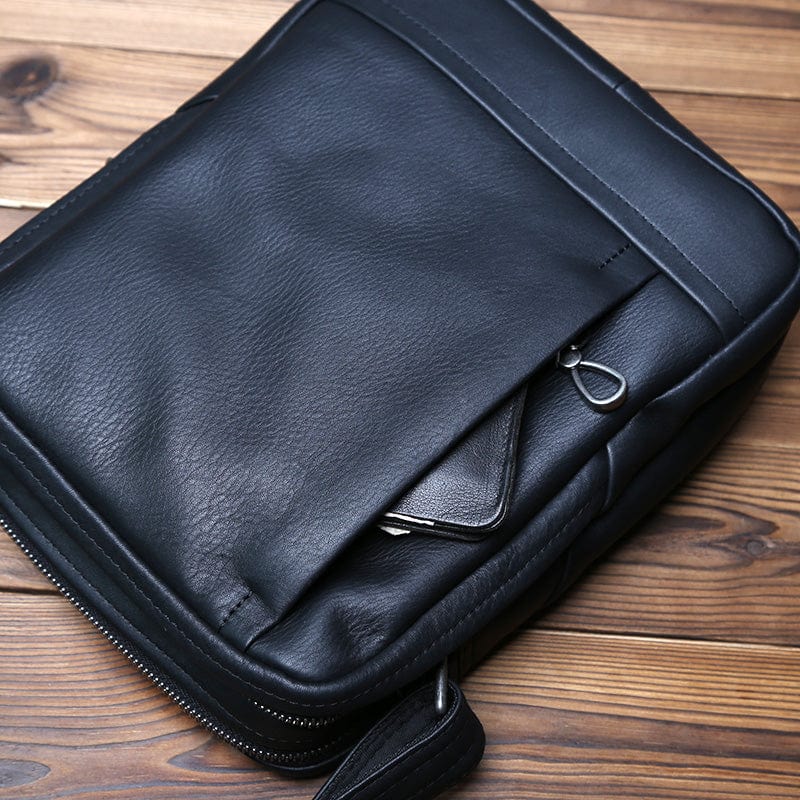 Sac bandoulière homme en cuir noir, format tablette