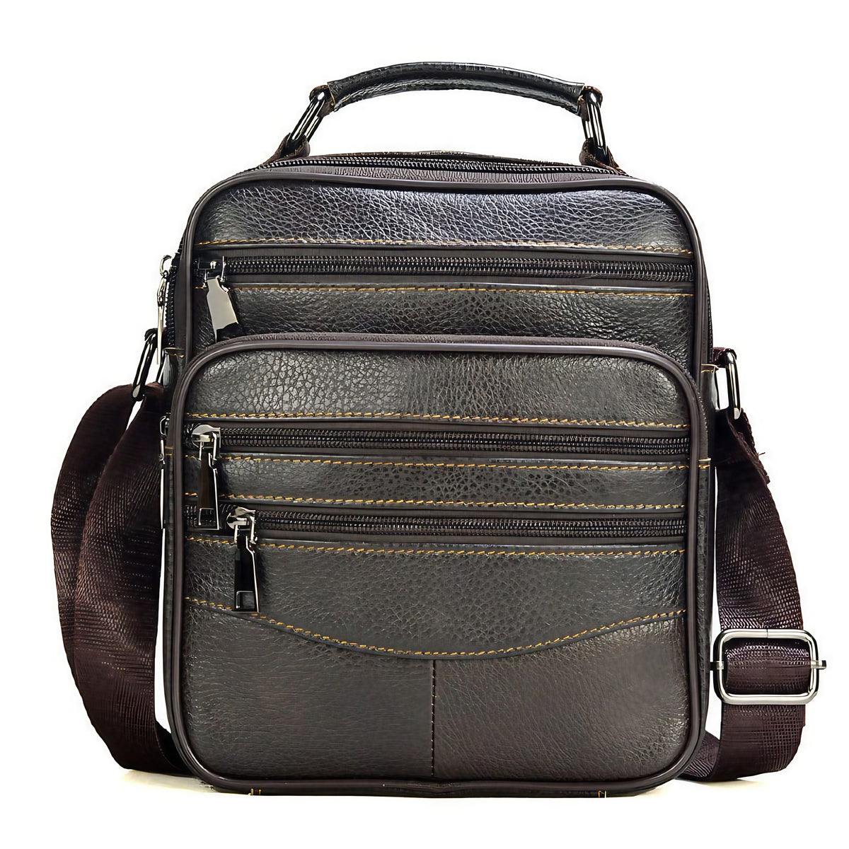 Sacoche bandoulière homme en cuir, avec ou sans détails métal, café