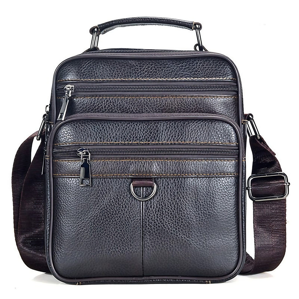 Sacoche bandoulière homme en cuir, avec ou sans détails métal, café, détails métal