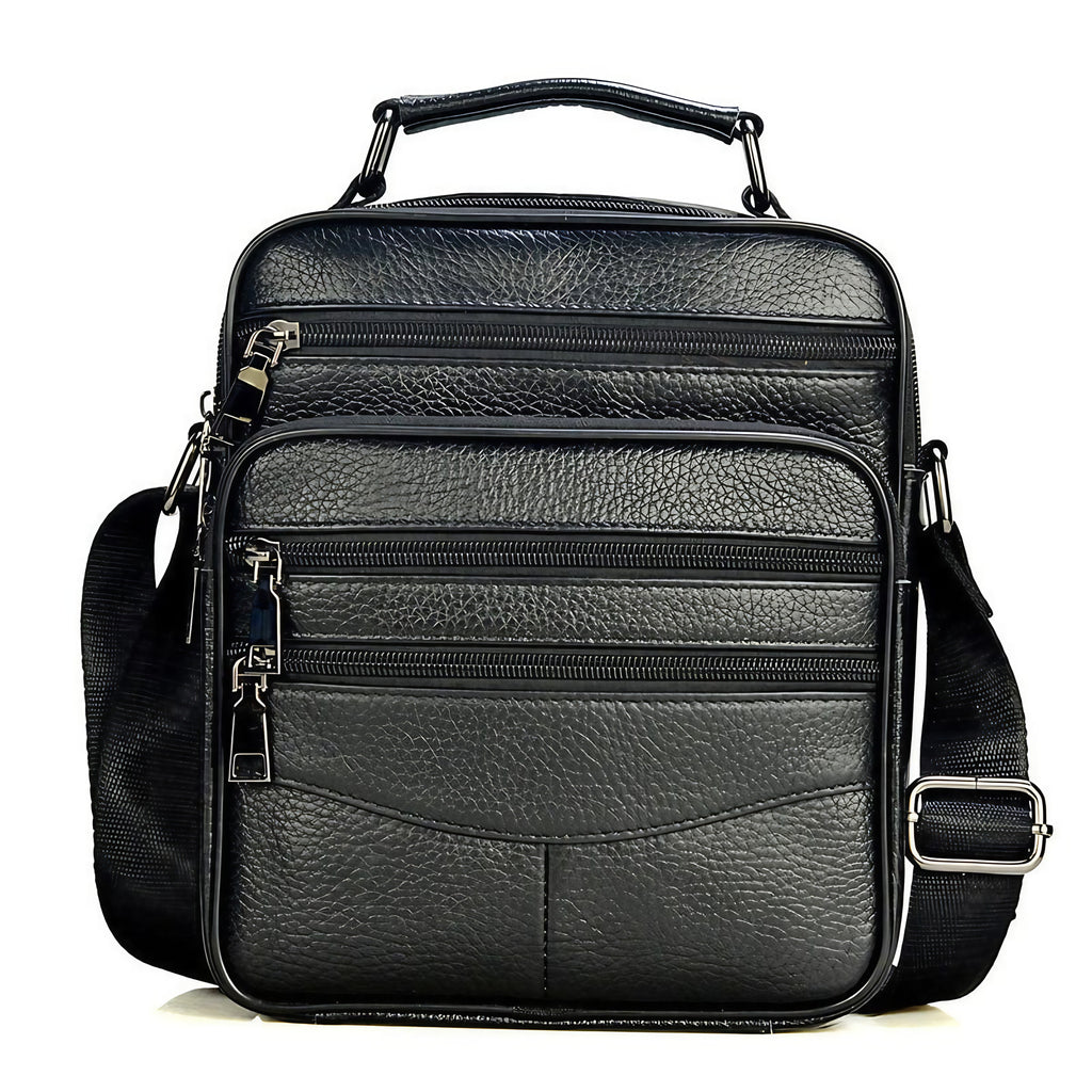 Sacoche bandoulière homme en cuir, avec ou sans détails métal, noir