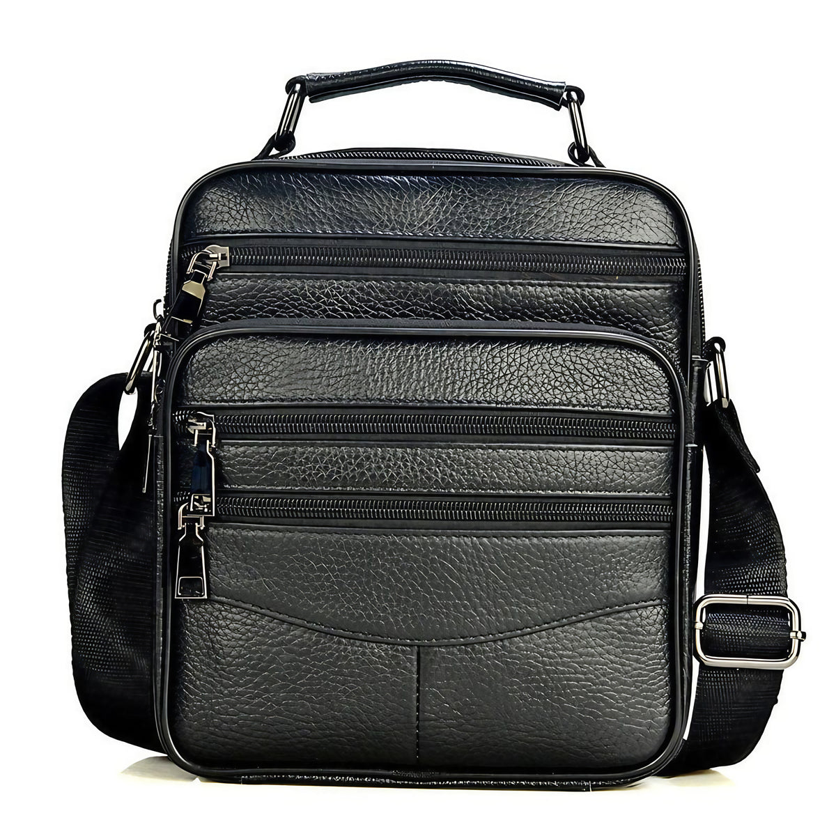 Sacoche bandoulière homme en cuir, avec ou sans détails métal, noir
