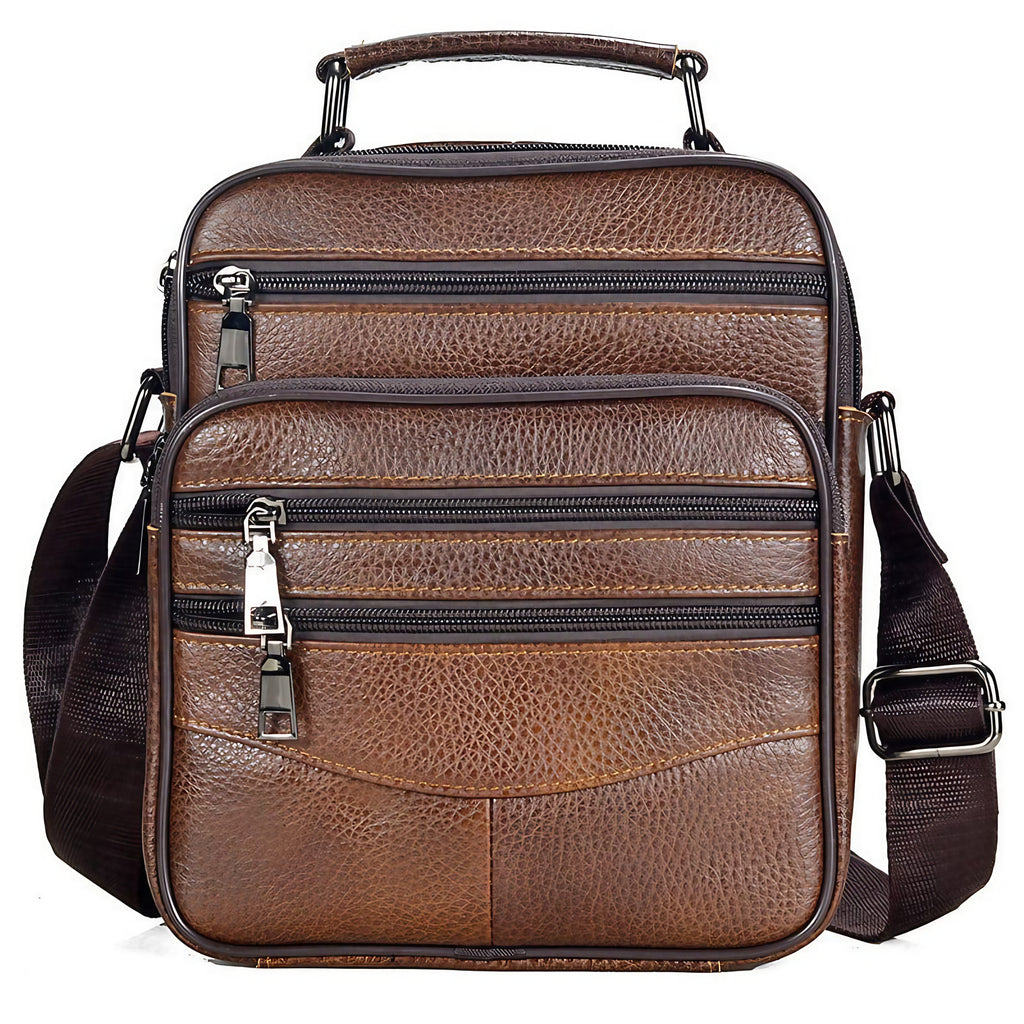 Sacoche bandoulière homme en cuir, avec ou sans détails métal, marron