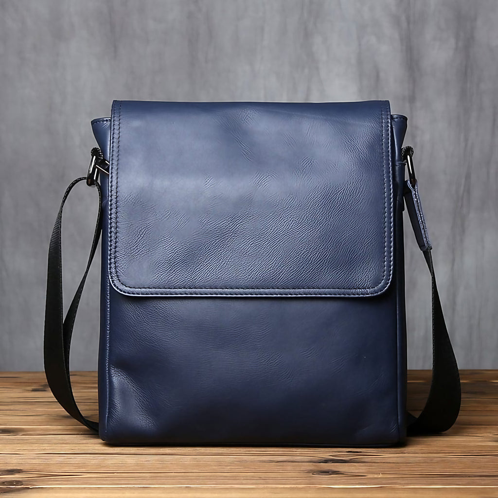 Sac bandoulière homme en cuir 25 x 29 cm, poches intérieures, bleu