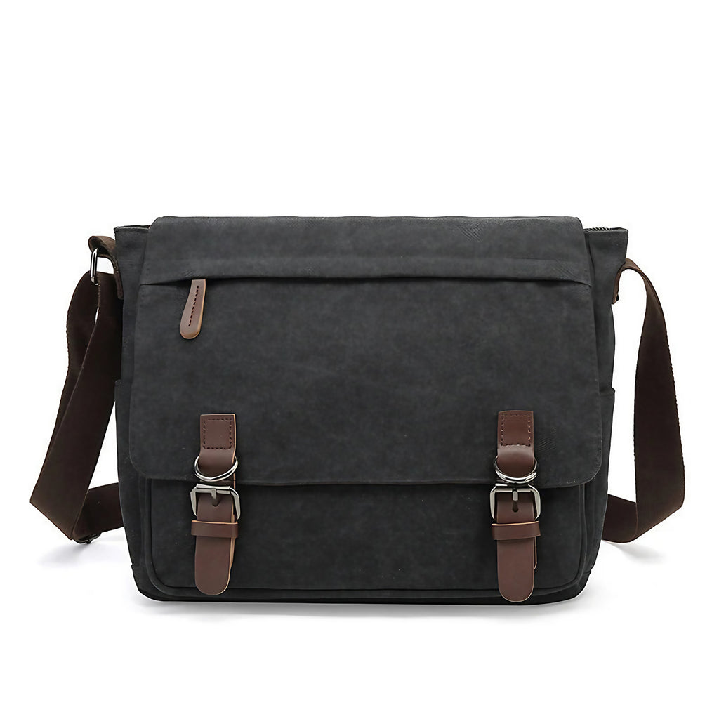 Sacoche bandoulière homme en toile, compartiments et poches, noir
