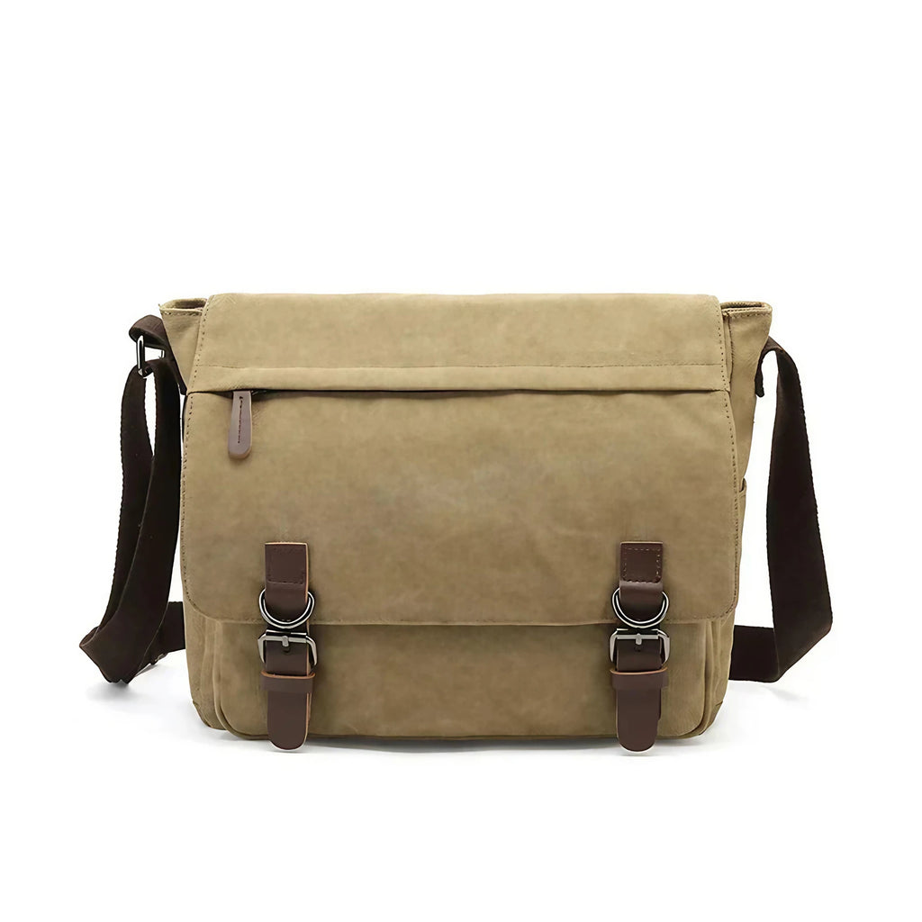 Sacoche bandoulière homme en toile, compartiments et poches, beige