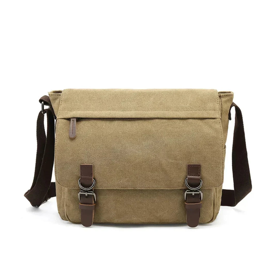 Sacoche bandoulière homme en toile, compartiments et poches, beige