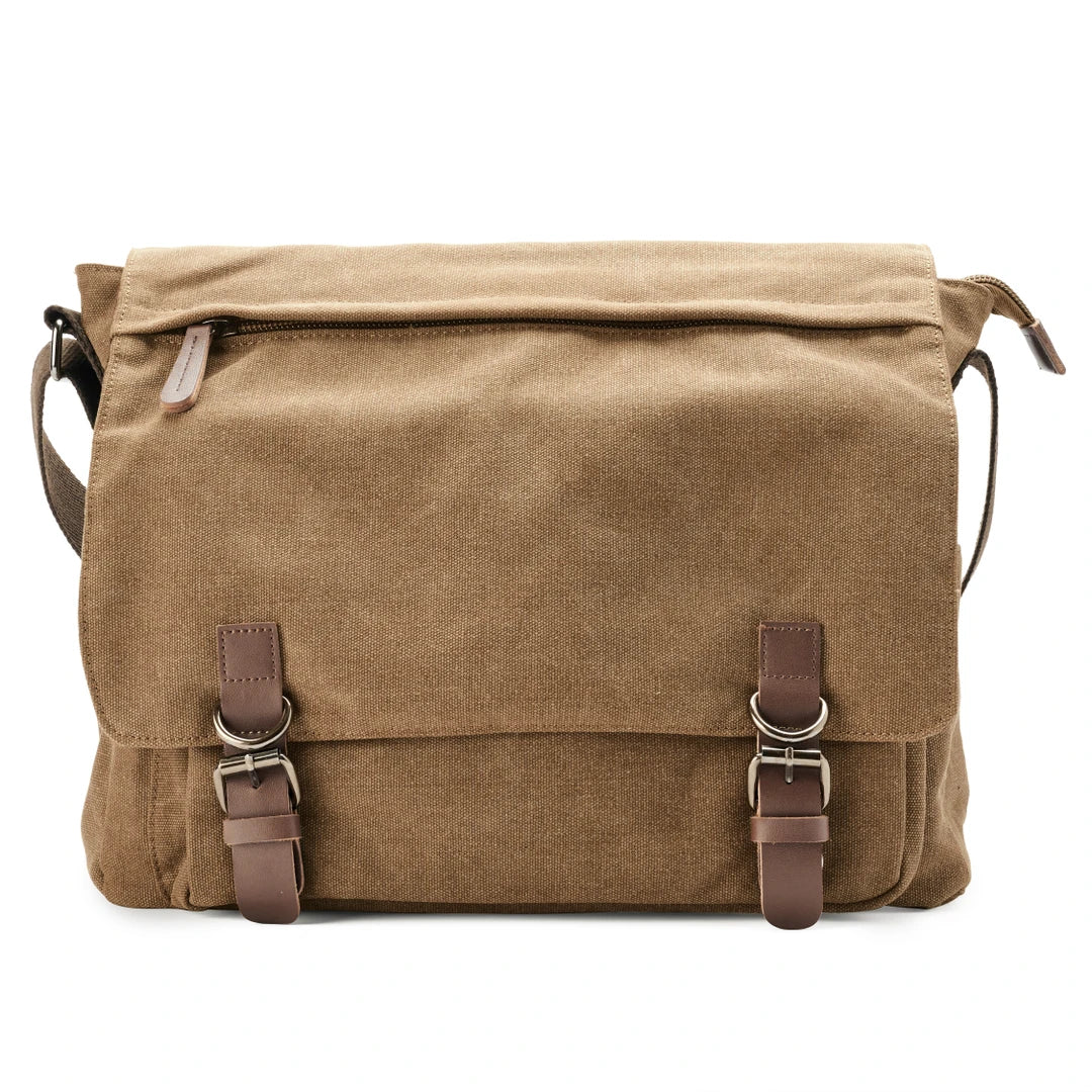 Sacoche bandoulière homme en toile, compartiments et poches, brun