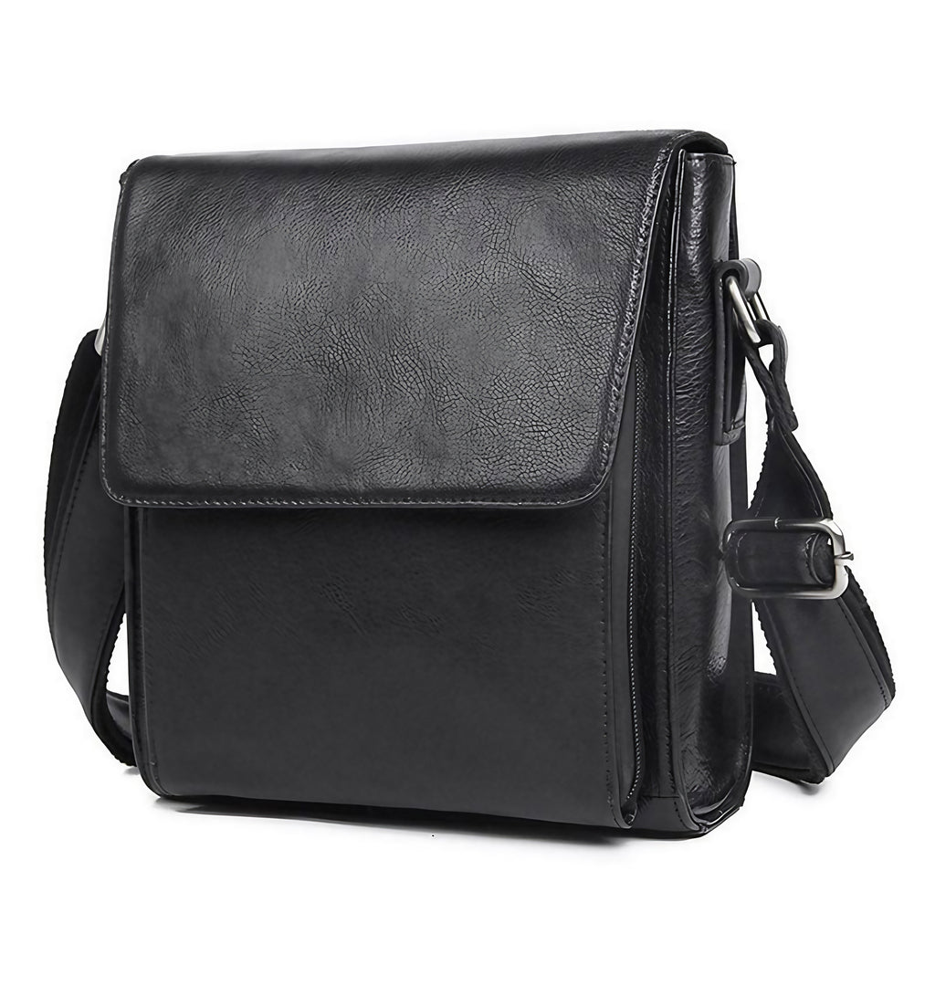 Sac bandoulière homme vintage en cuir, format tablette, noir