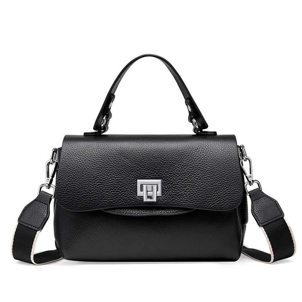 Sac bandoulière femme à trois compartiments zippés, aspect grainé, noir