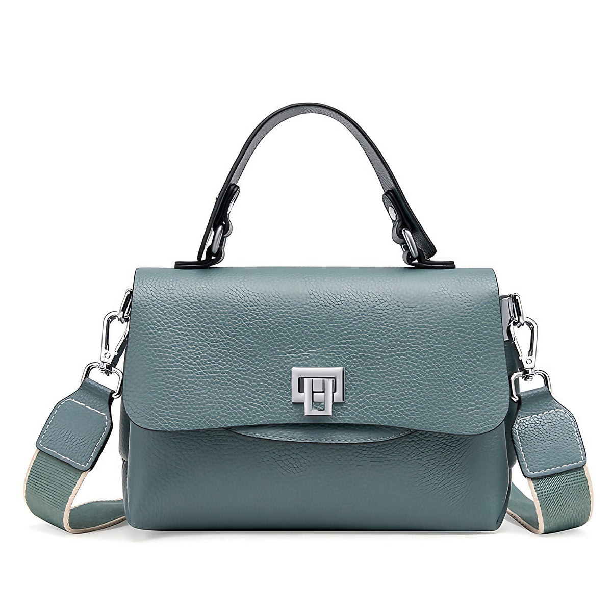 Sac bandoulière femme à trois compartiments zippés, aspect grainé, bleu