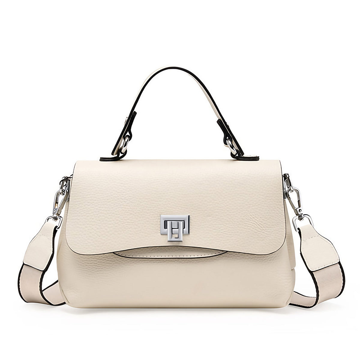 Sac bandoulière femme à trois compartiments zippés, aspect grainé, blanc