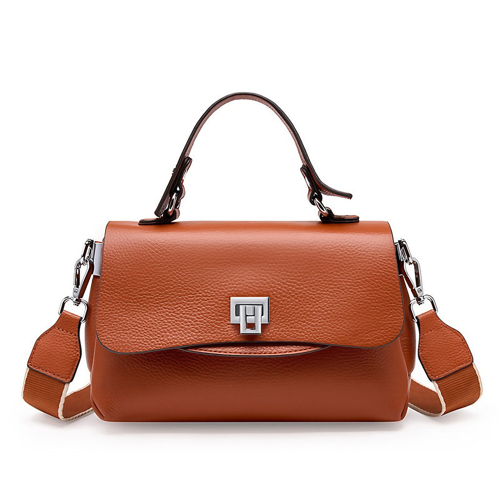 Sac bandoulière femme à trois compartiments zippés, aspect grainé, marron