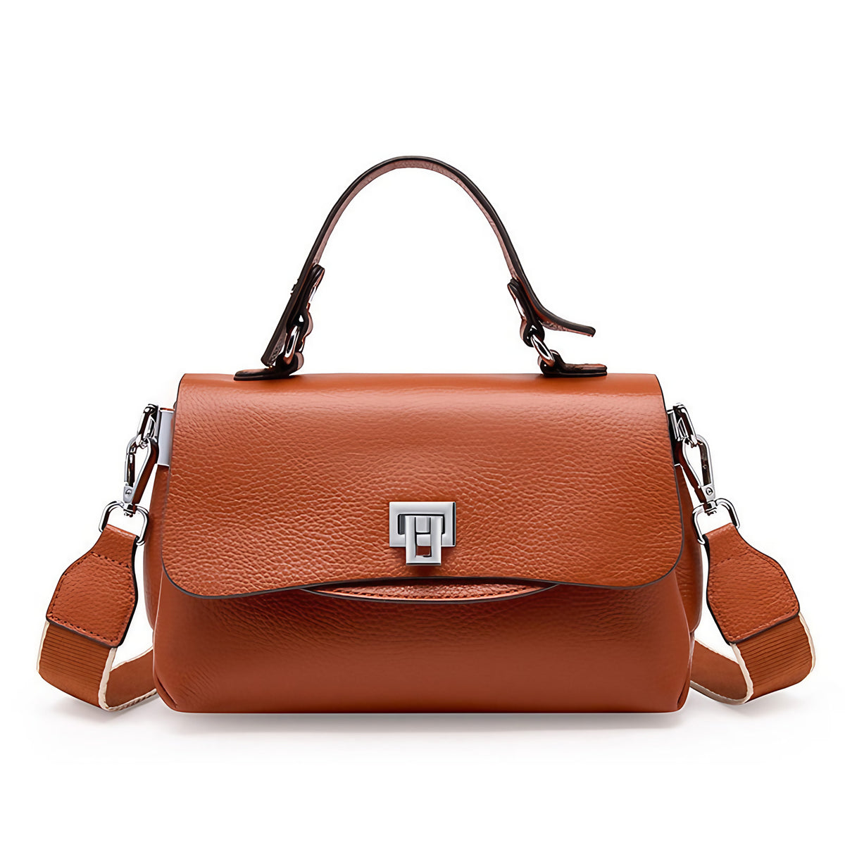 Sac bandoulière femme à trois compartiments zippés, aspect grainé, marron
