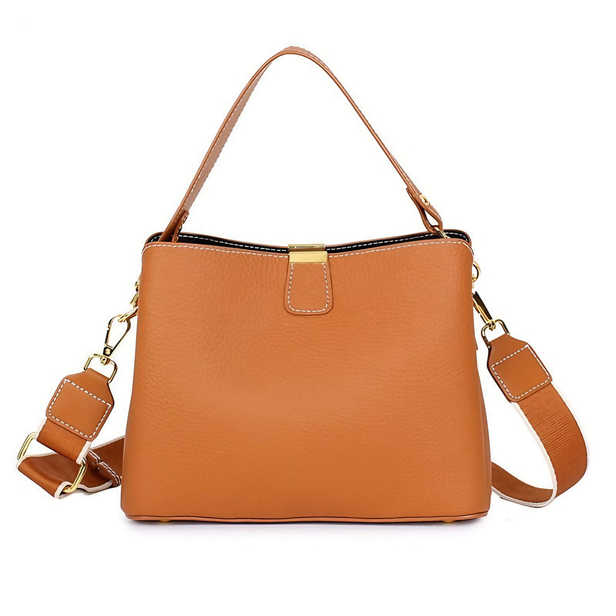Sac bandoulière femme en cuir zippé, six coloris, caramel