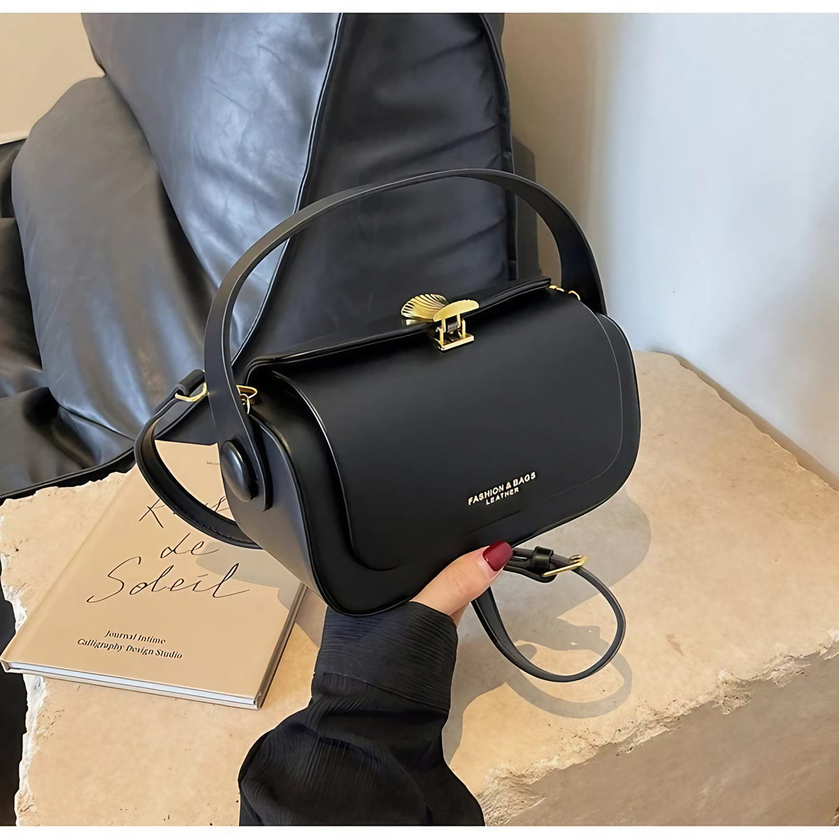 Sac à main bandoulière femme en similicuir, quatre coloris, noir