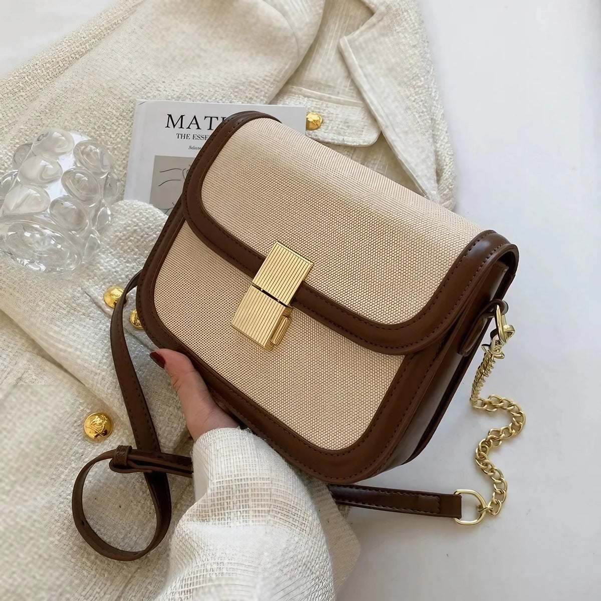 Sac bandoulière carré femme en toile, chaîne dorée amovible, marron foncé