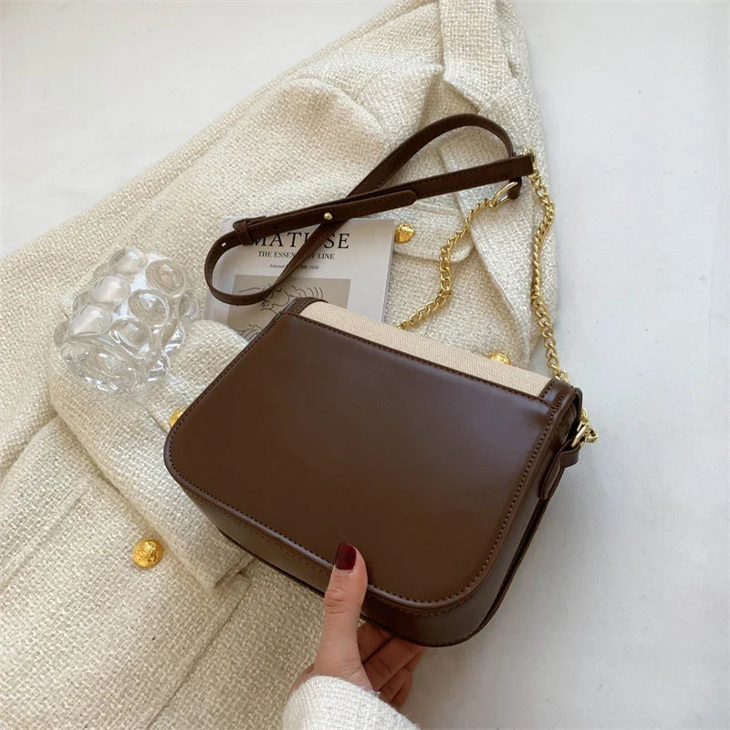 Sac bandoulière carré femme en toile, chaîne dorée amovible