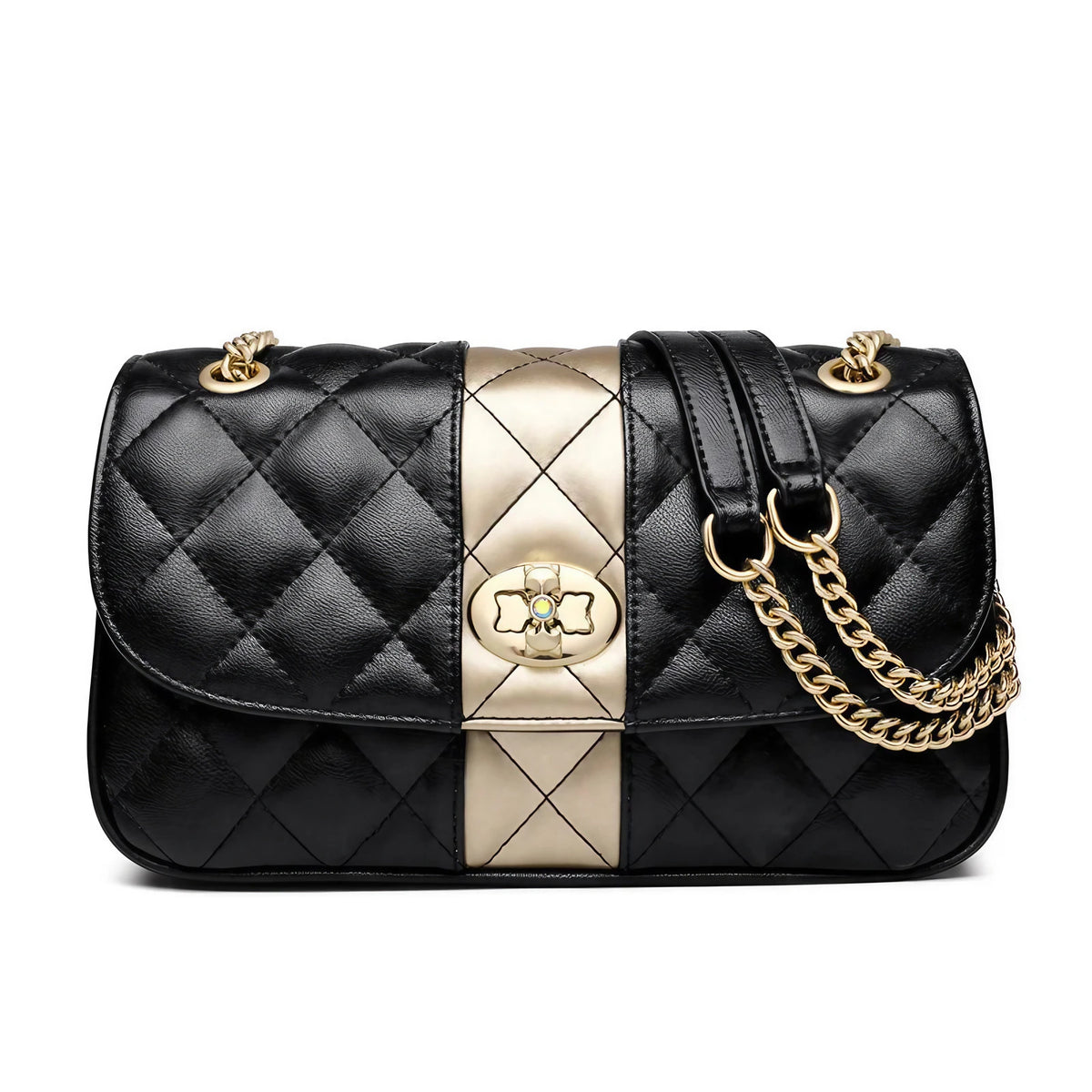 Sac matelassé noir femme, anses à maillons dorés, 22 x 12 cm, noir